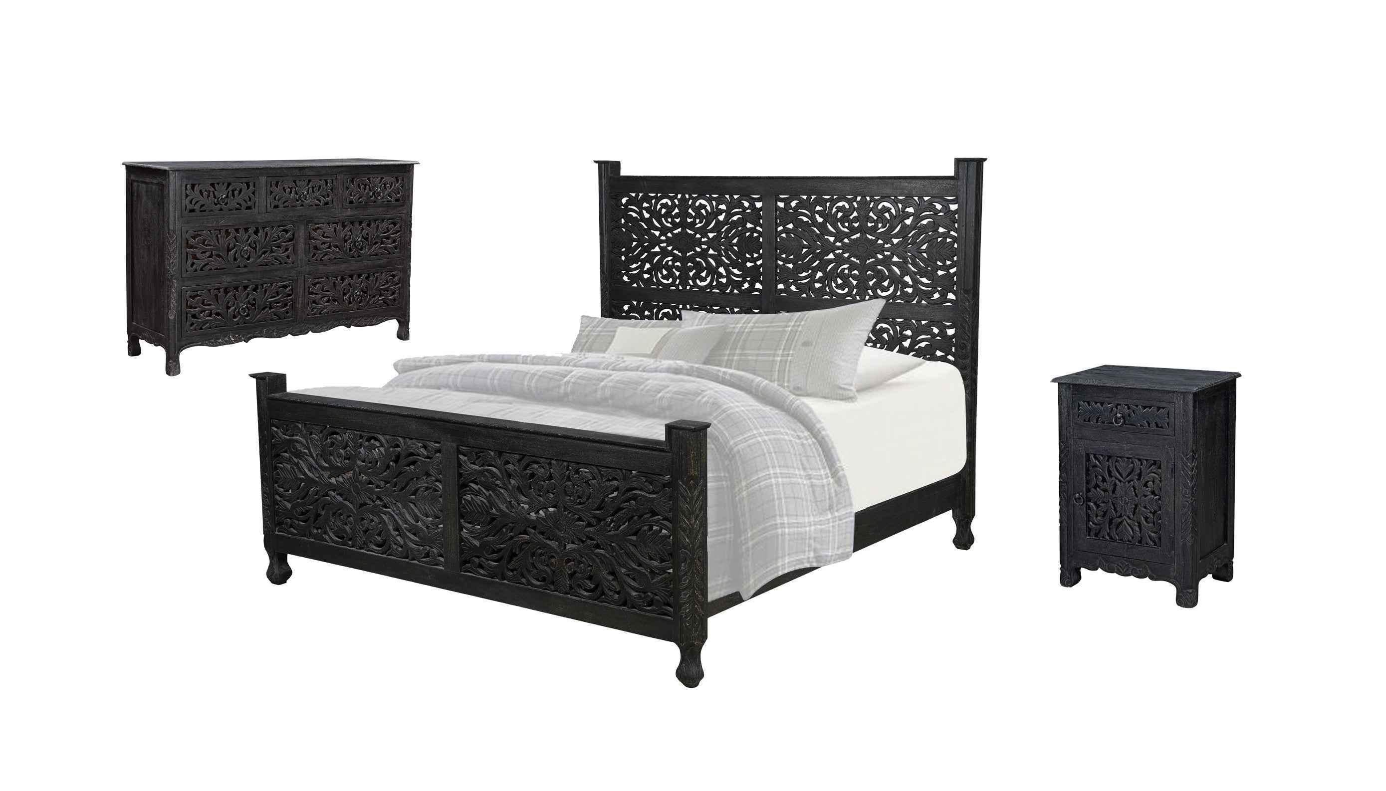 Three Piece Black Solid Wood Bedroom Set