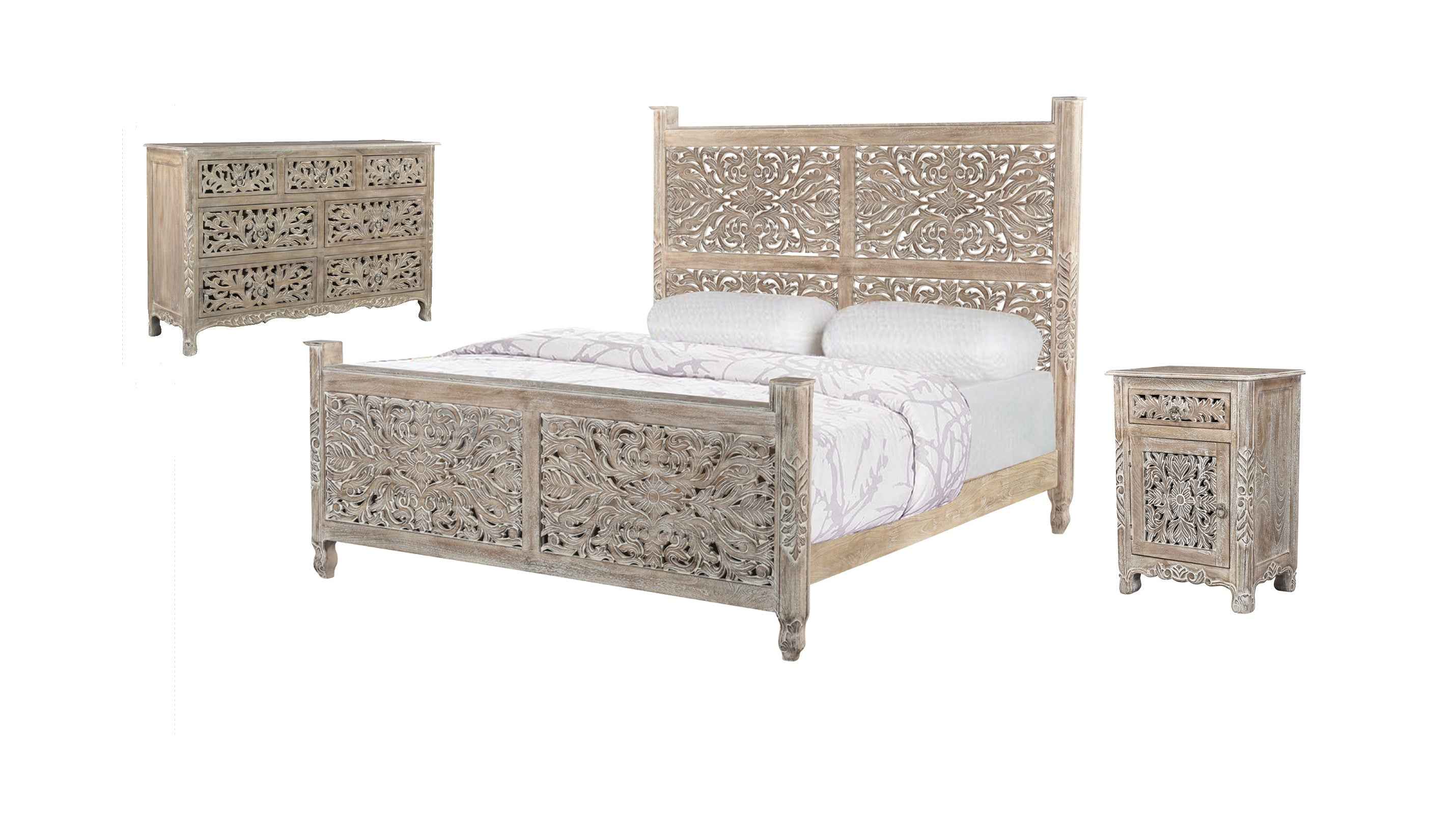Three Piece Gray Solid Wood Bedroom Set