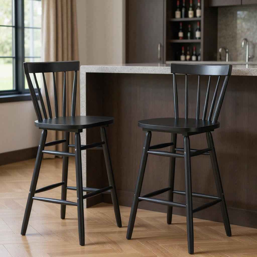 Set of Two Black Solid Wood Low Back Bar Chairs