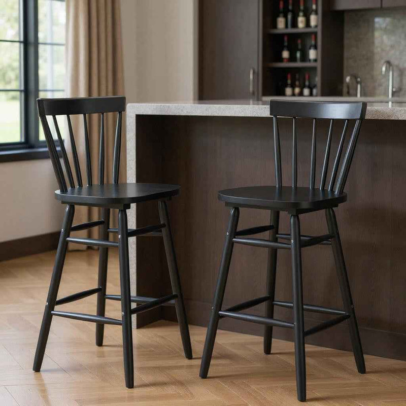 Set of Two Black Solid Wood Low Back Bar Chairs