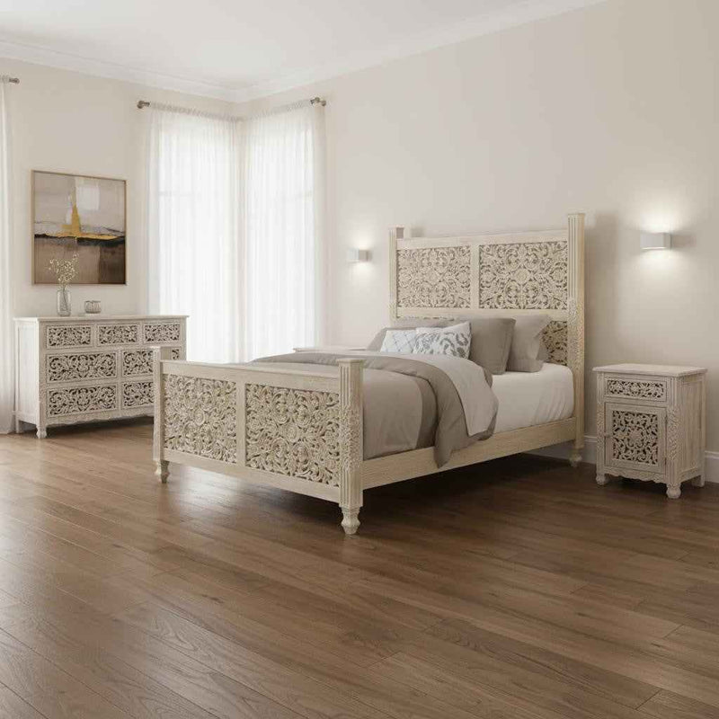 Three Piece White Solid Wood Bedroom Set