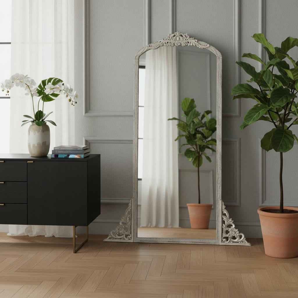 White Wood Arch Freestanding Ornate Framed Accent Mirror