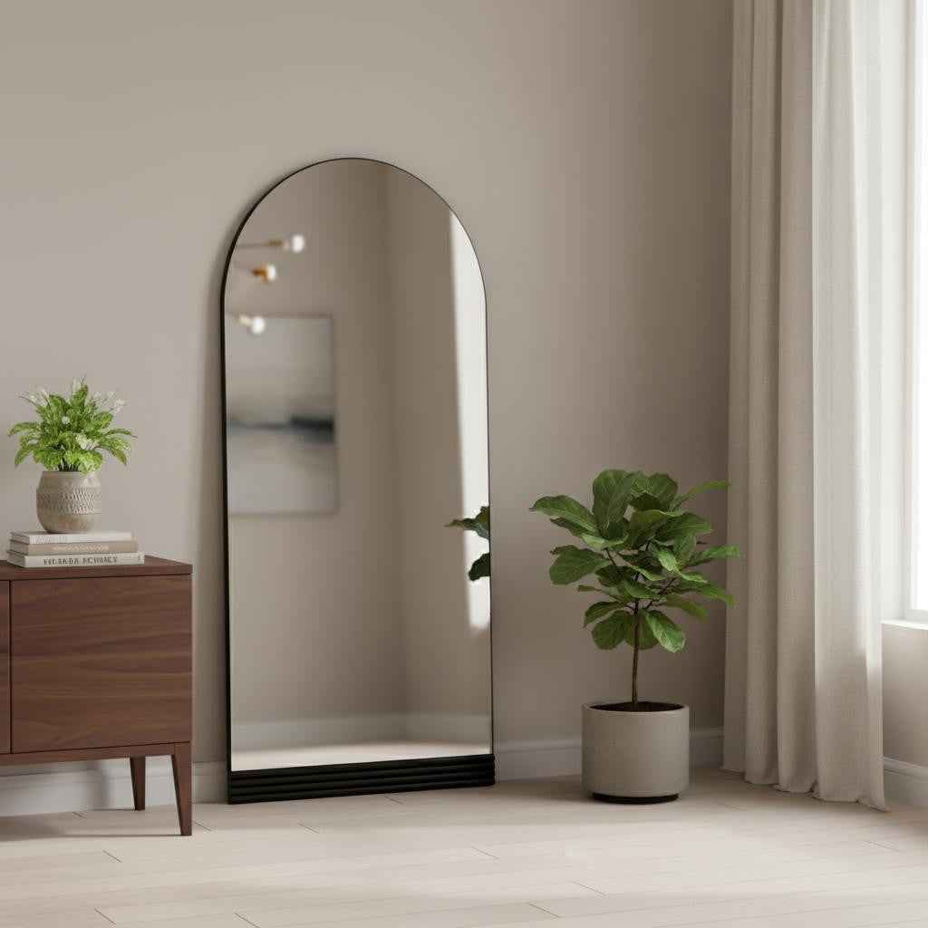 Black Wood Arch Freestanding Ornate Framed Accent Mirror