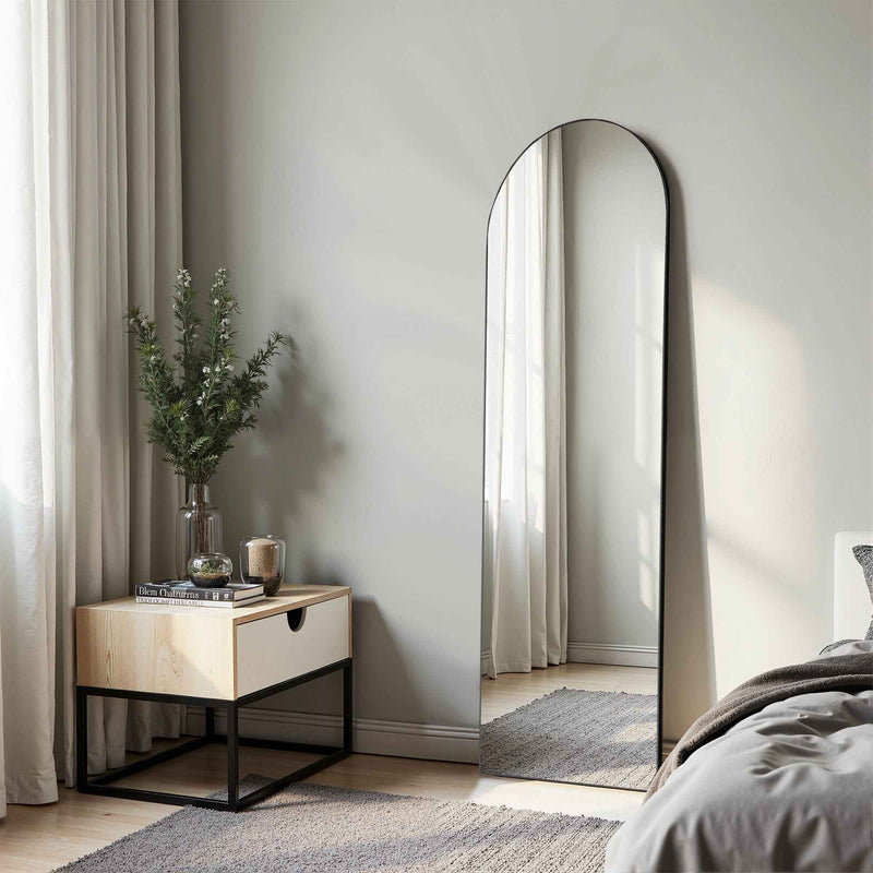 Black Aluminum Arch Freestanding Ornate Framed Accent Mirror