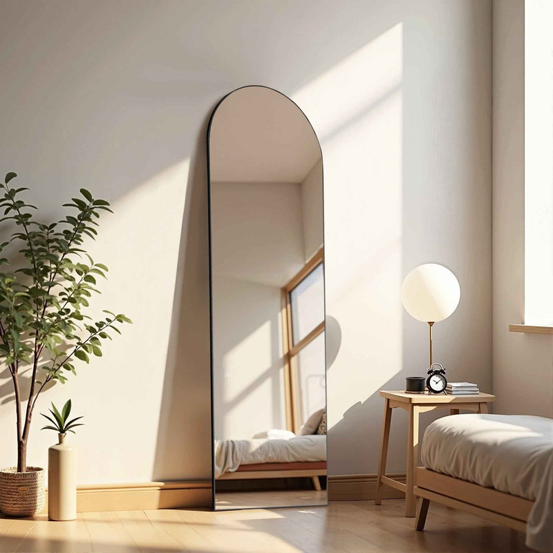 Black Aluminum Arch Freestanding Ornate Framed Accent Mirror
