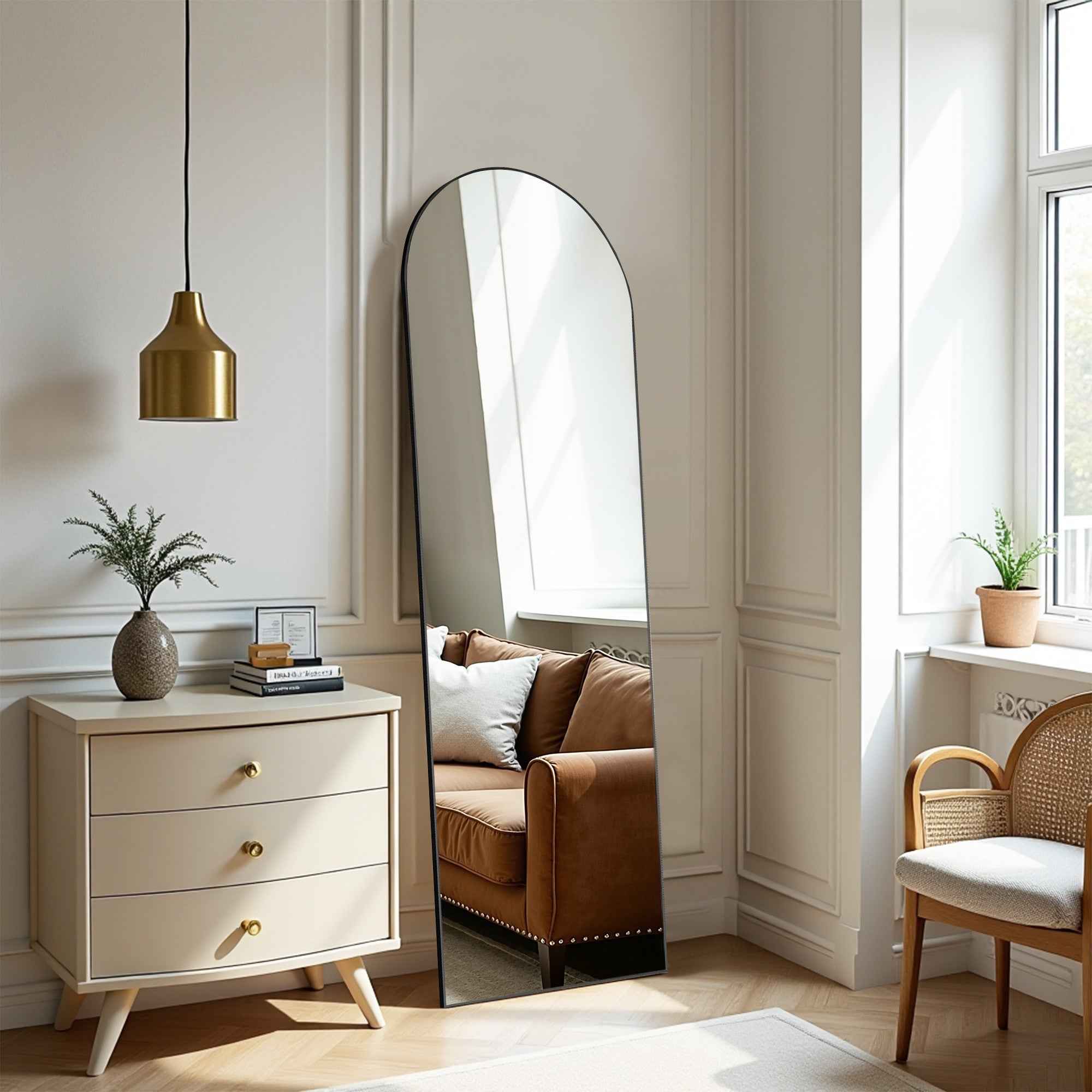 Black Aluminum Arch Freestanding Ornate Framed Accent Mirror