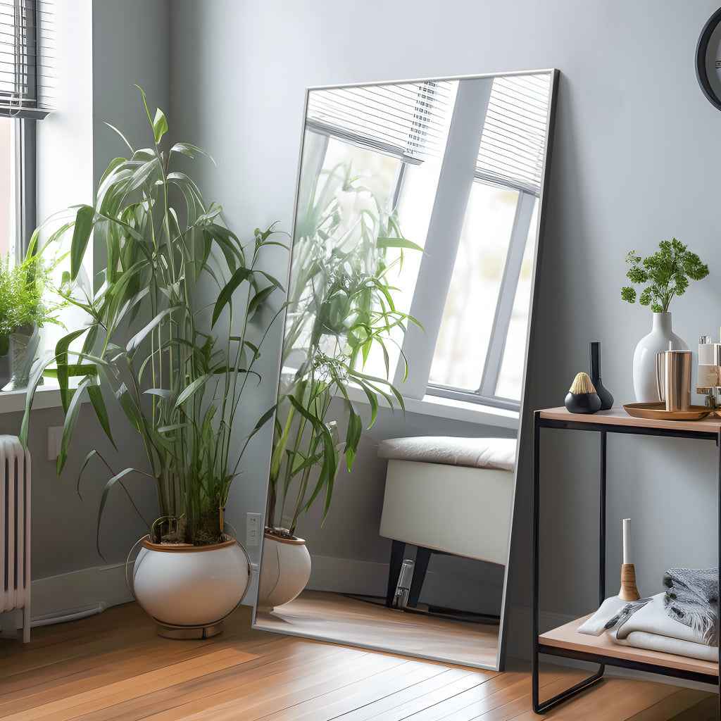 Silver Aluminum Freestanding Ornate Framed Accent Mirror