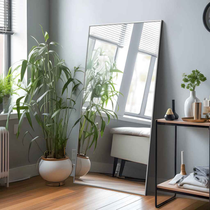 Silver Aluminum Freestanding Ornate Framed Accent Mirror