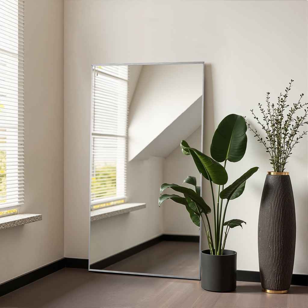 Silver Aluminum Freestanding Ornate Framed Accent Mirror