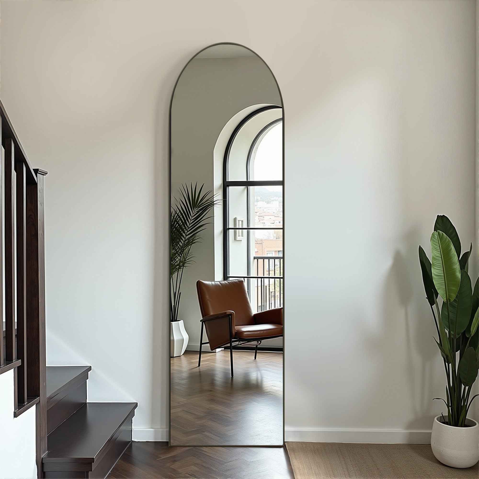 Black Aluminum Arch Freestanding Ornate Framed Accent Mirror