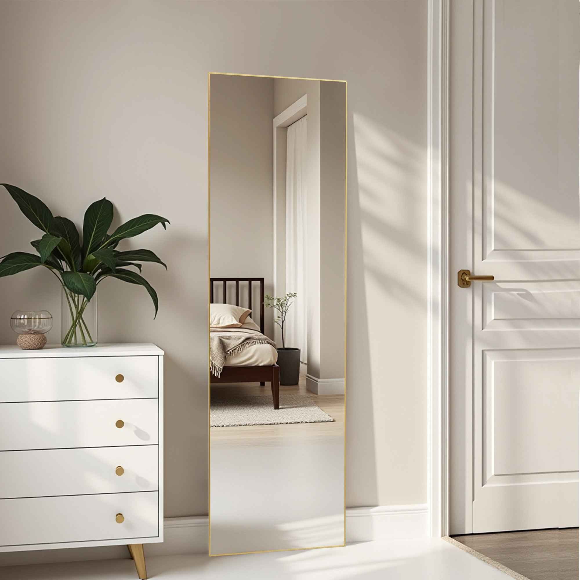 Gold Aluminum Freestanding Ornate Framed Accent Mirror