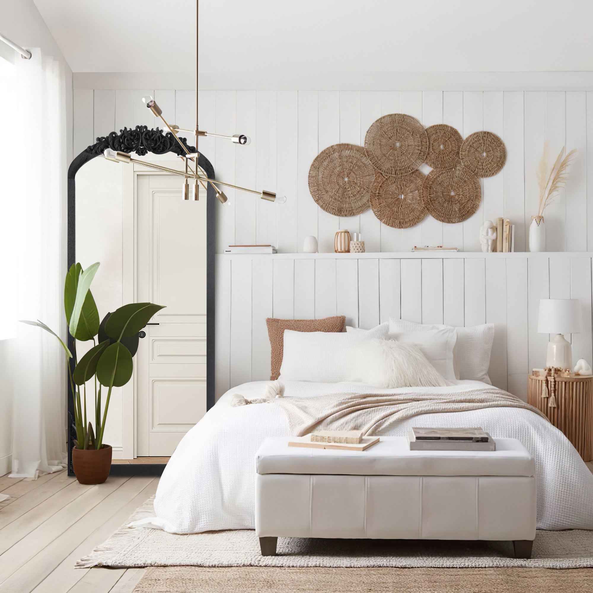 Black Wood Arch Freestanding Ornate Framed Accent Mirror