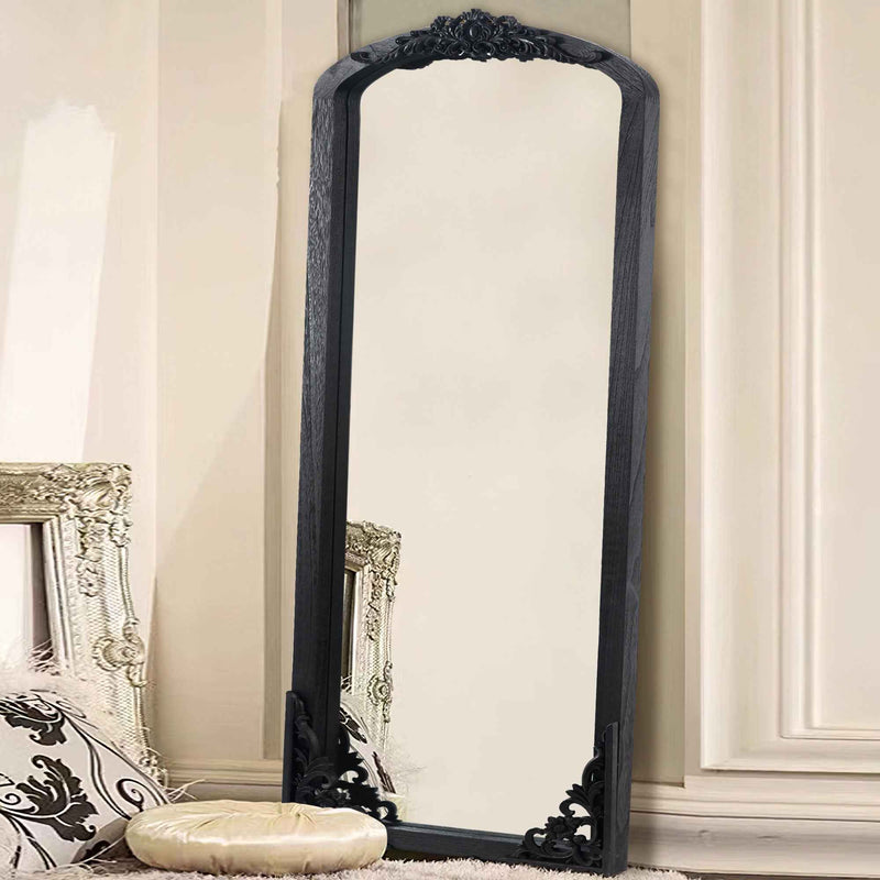 Black Wood Arch Freestanding Ornate Framed Accent Mirror