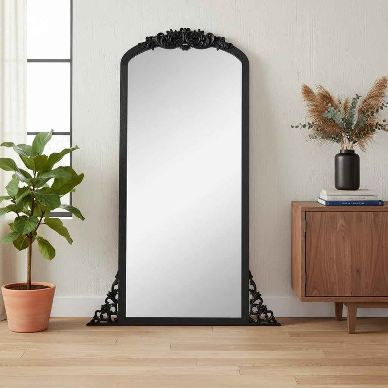 Black Wood Arch Freestanding Ornate Framed Accent Mirror
