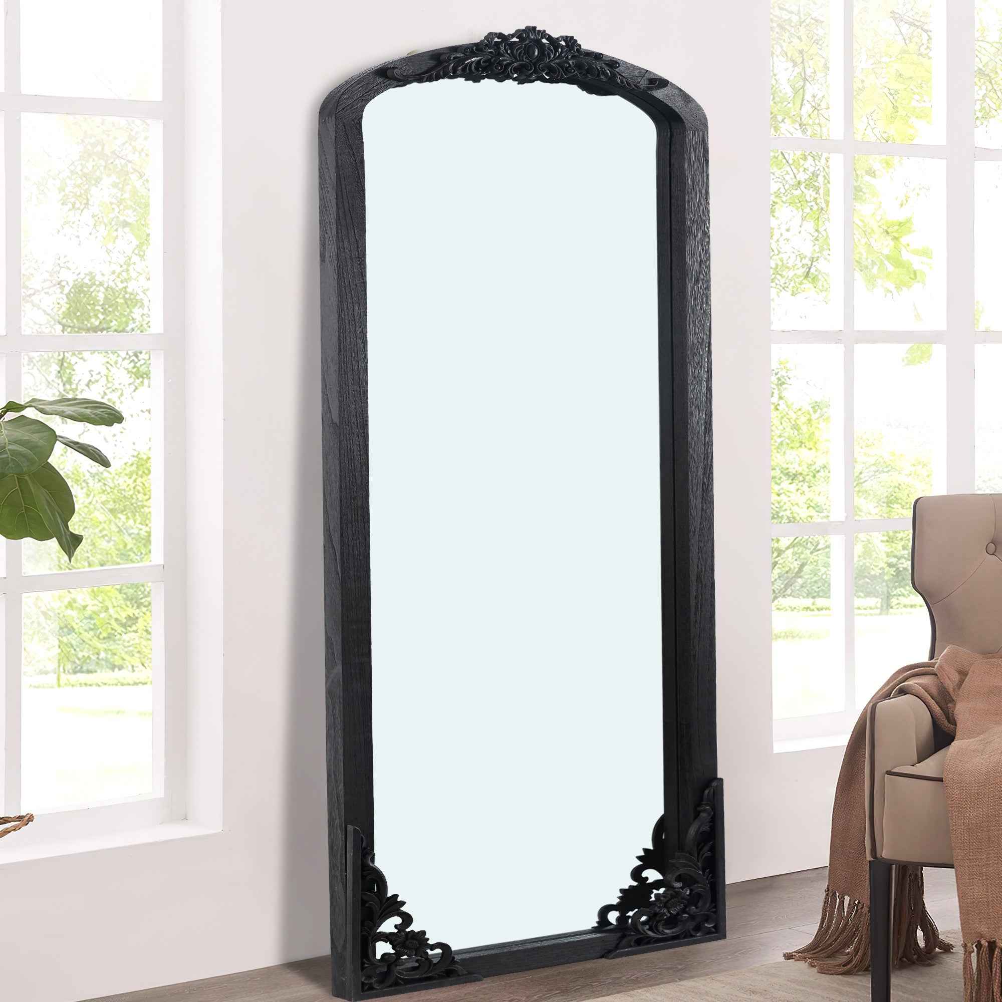 Black Wood Arch Freestanding Ornate Framed Accent Mirror