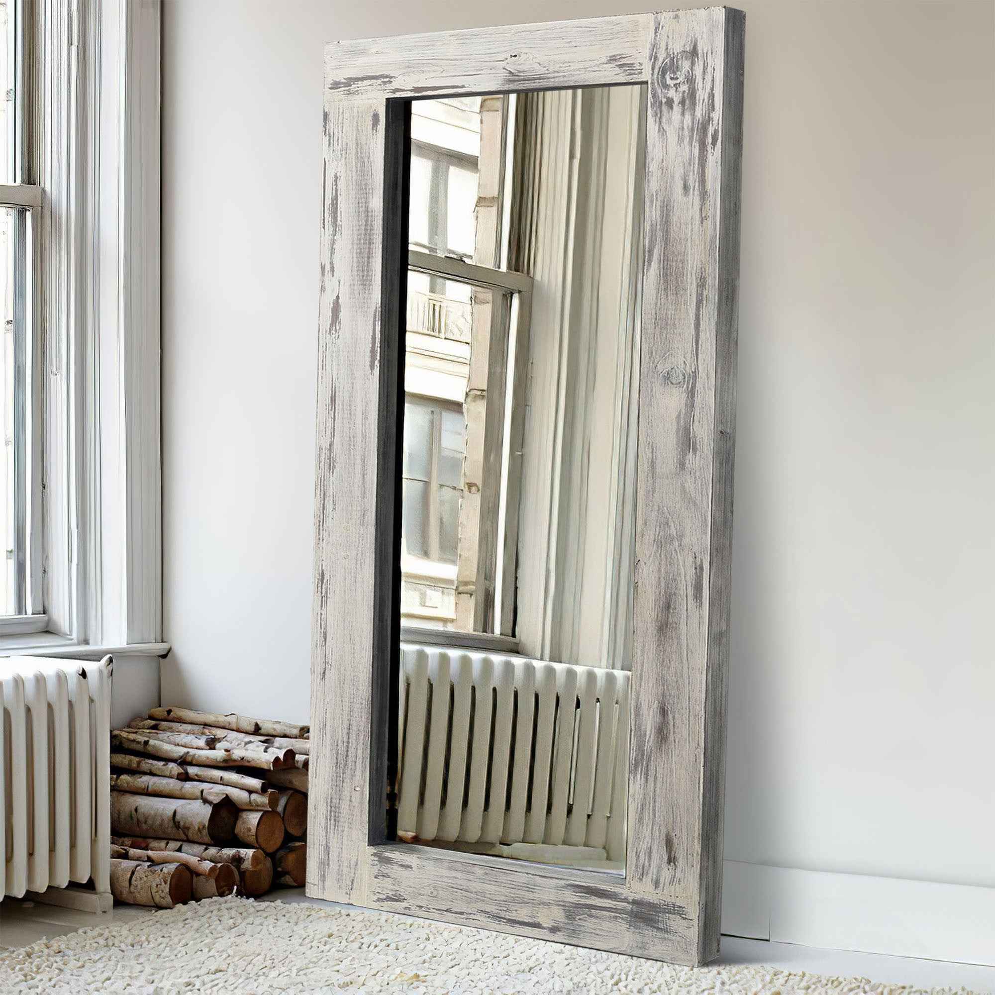 White Wood Freestanding Ornate Framed Accent Mirror
