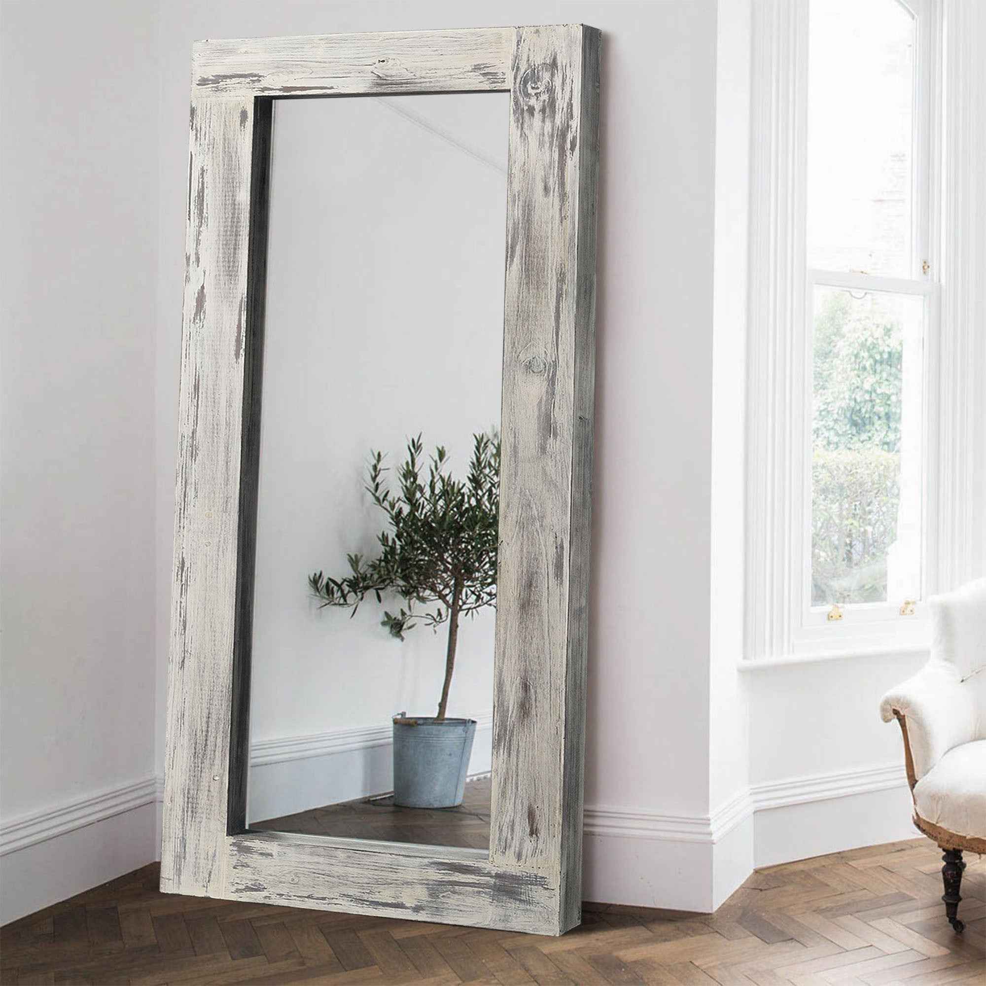 White Wood Freestanding Ornate Framed Accent Mirror