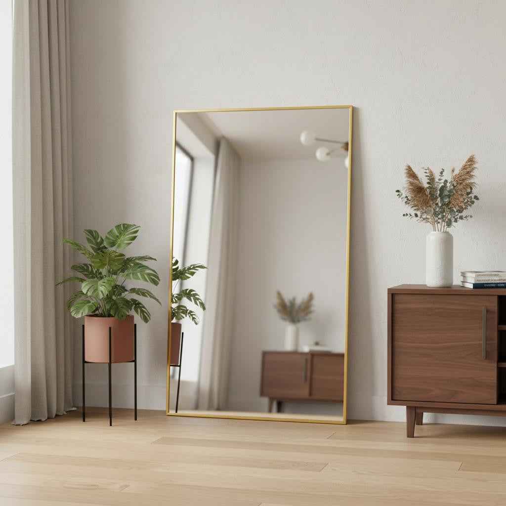 Gold Aluminum Freestanding Ornate Framed Accent Mirror