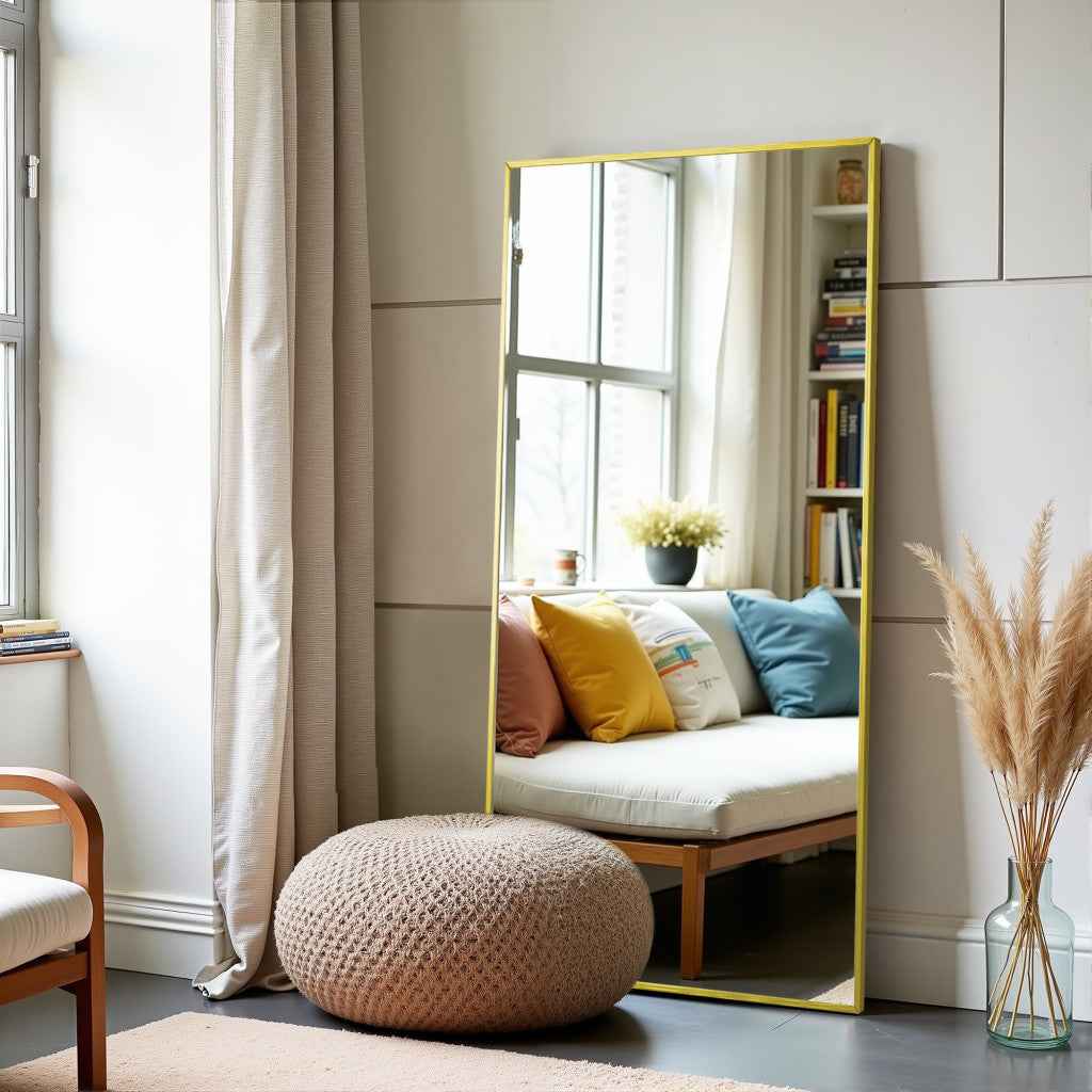 Gold Aluminum Freestanding Ornate Framed Accent Mirror