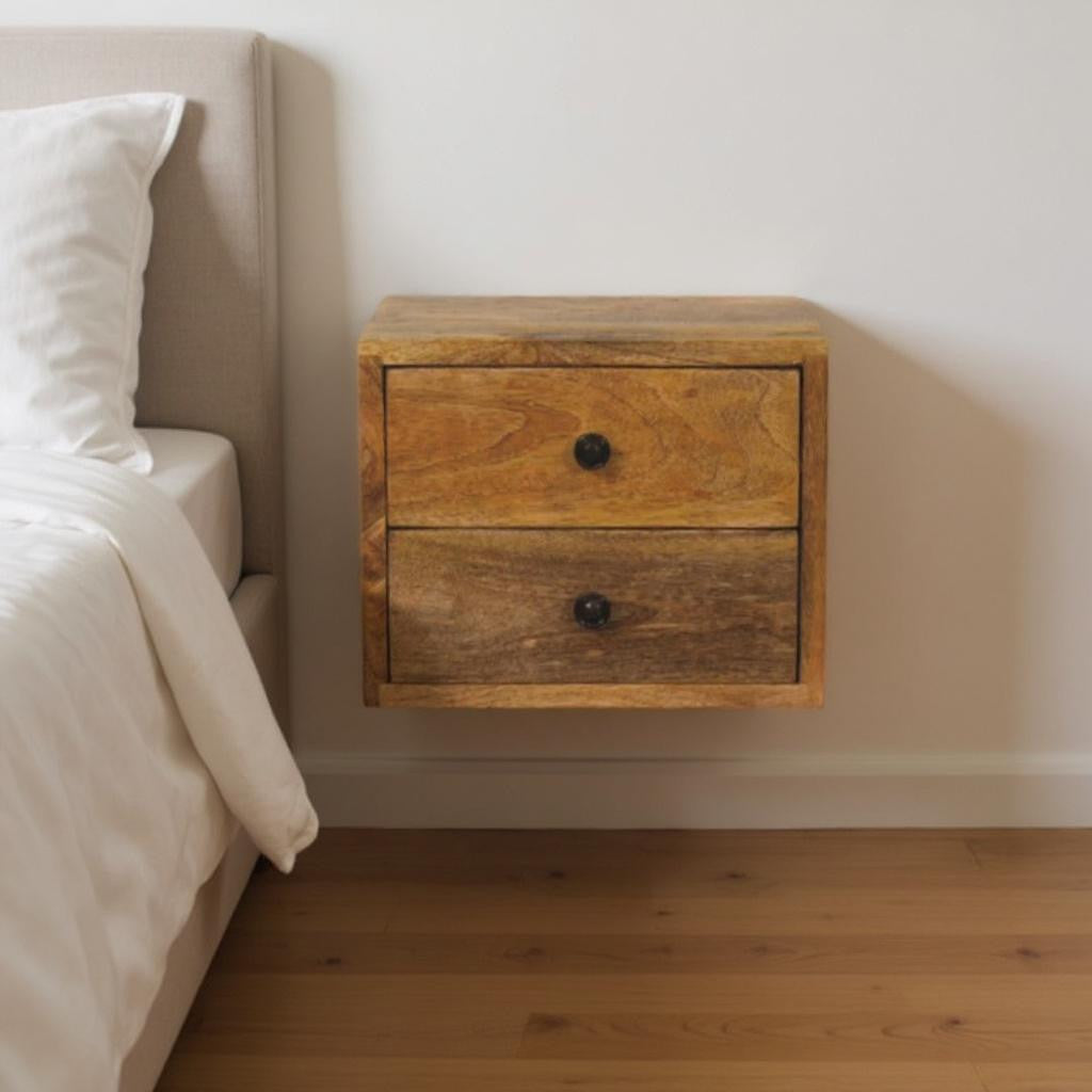 12" Brown Solid Wood Two Drawer Floating Nightstand
