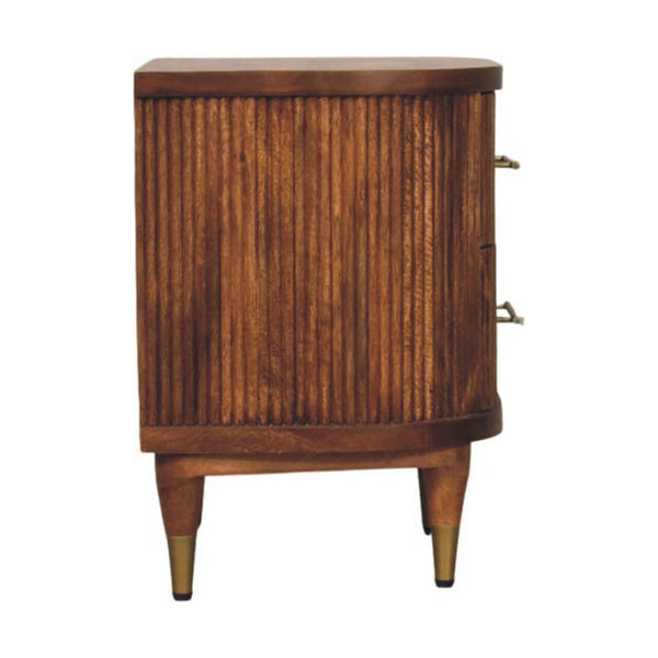 Amber solid wood nightstand with ribbed texture, two drawers, brass pulls, tapered legs