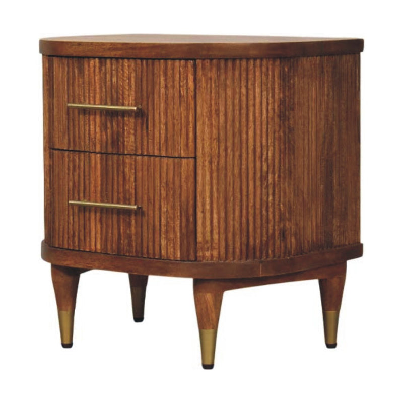 Amber ribbed wood nightstand with two front drawers and gold-tone bar pulls, tapered legs