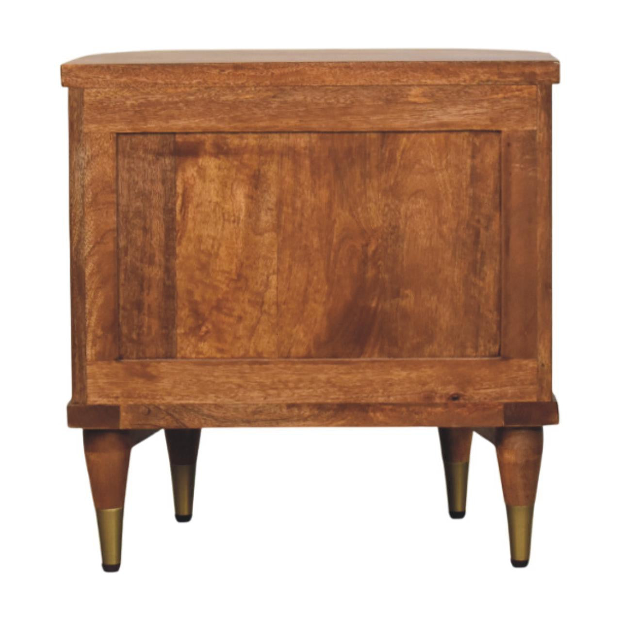 Amber solid wood nightstand with ribbed front panel and tapered legs, two-drawer design