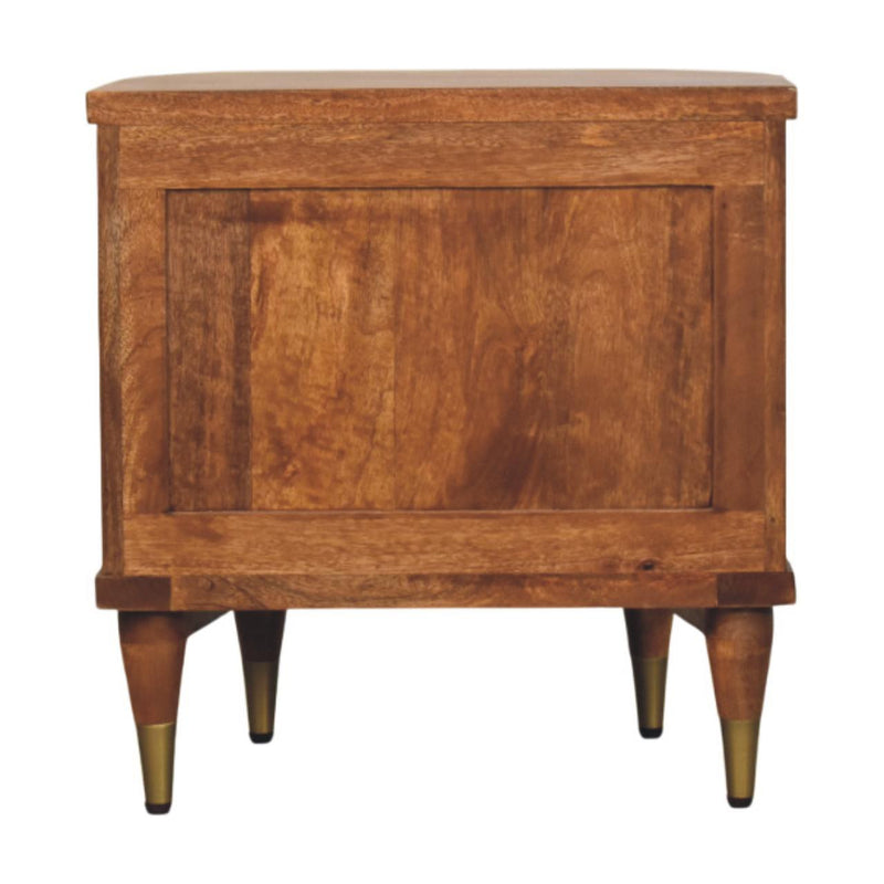 Amber solid wood nightstand with ribbed front panel and tapered legs, two-drawer design