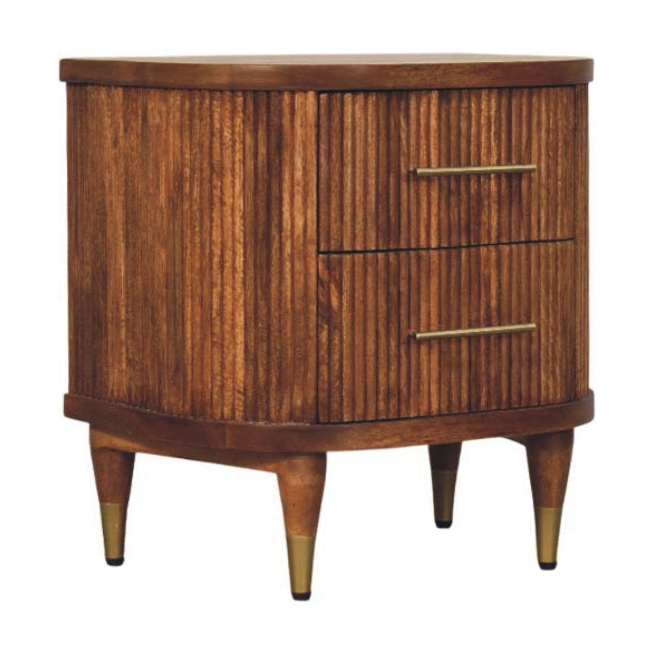 Amber solid wood nightstand with ribbed texture, two drawers, gold-tone bar handles