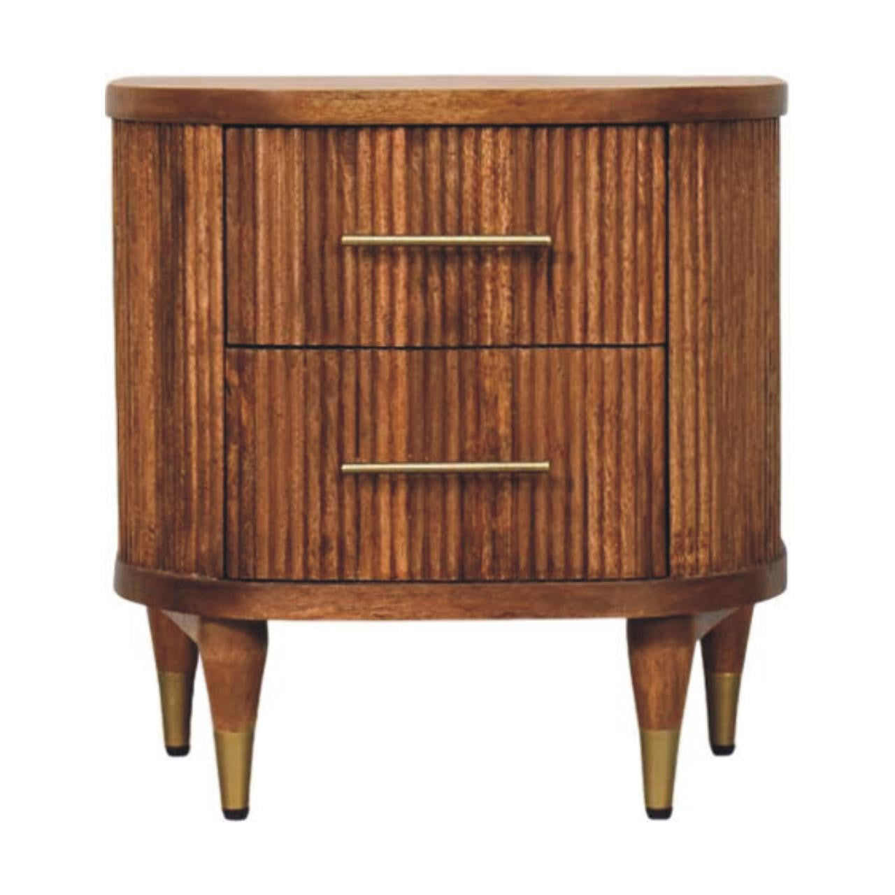 Amber solid wood nightstand with ribbed texture and two drawers, brass bar handles