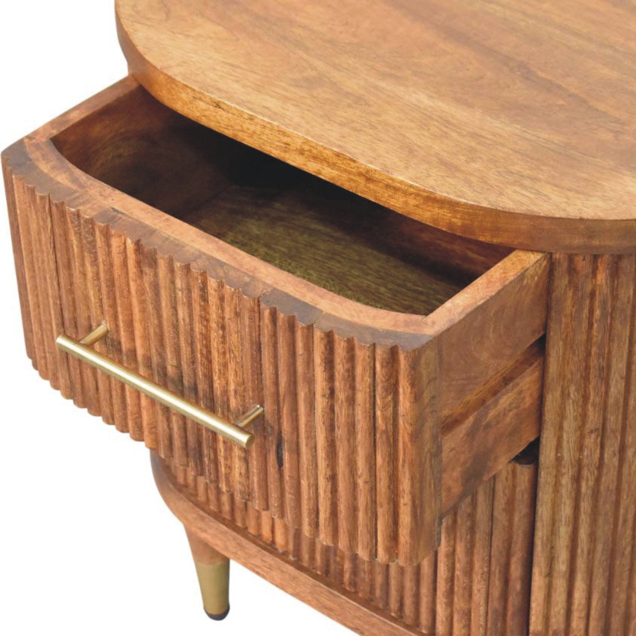 Amber nightstand with open drawer showing interior and ribbed front, gold bar pull