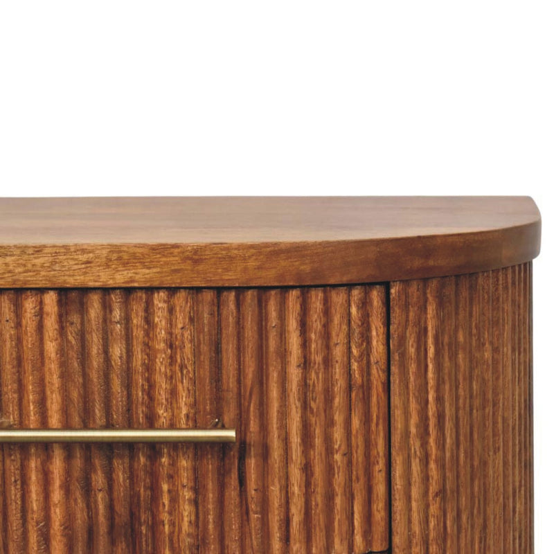 Close-up of amber wood nightstand top and front grain detail with ribbed texture