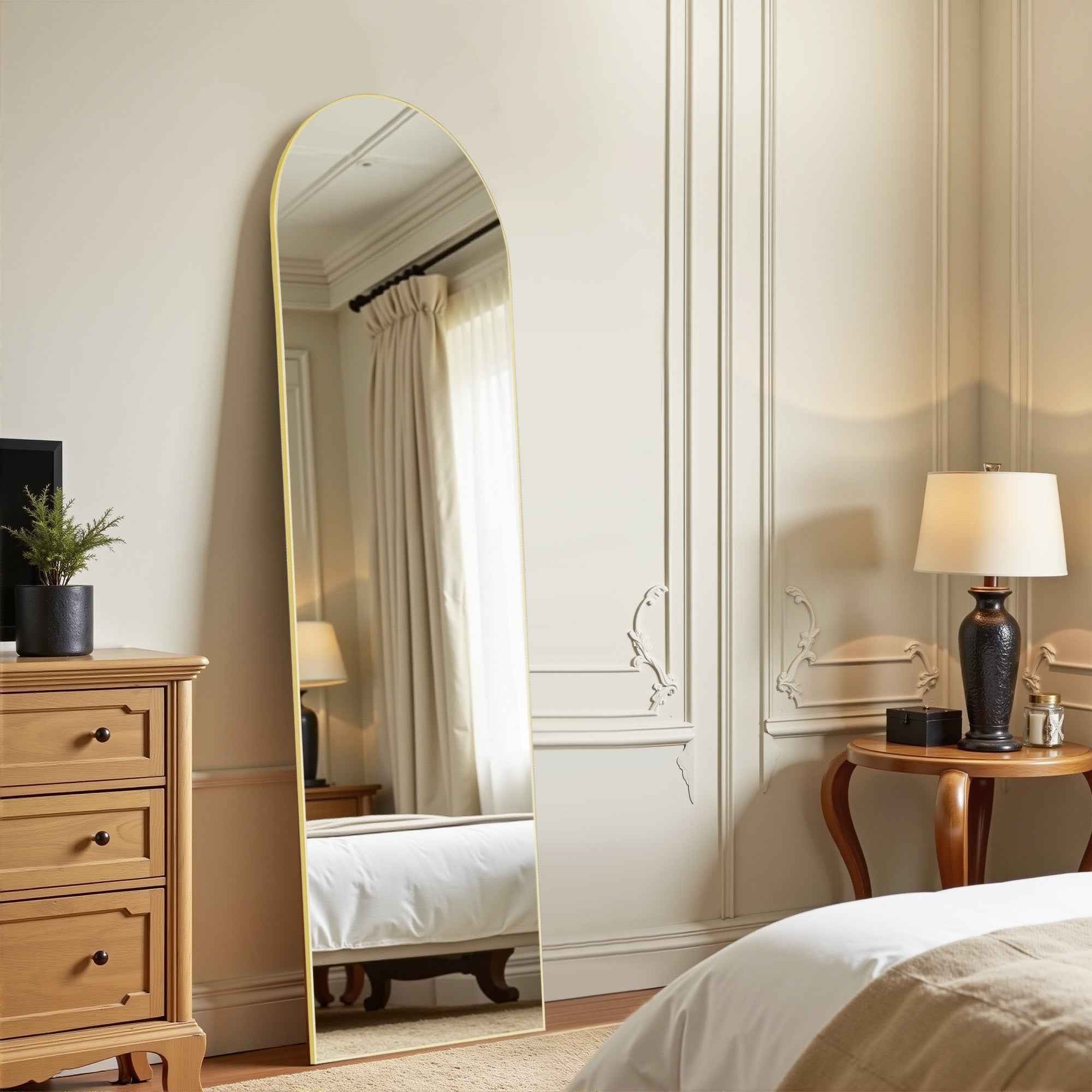 Gold Aluminum Arch Freestanding Ornate Framed Accent Mirror