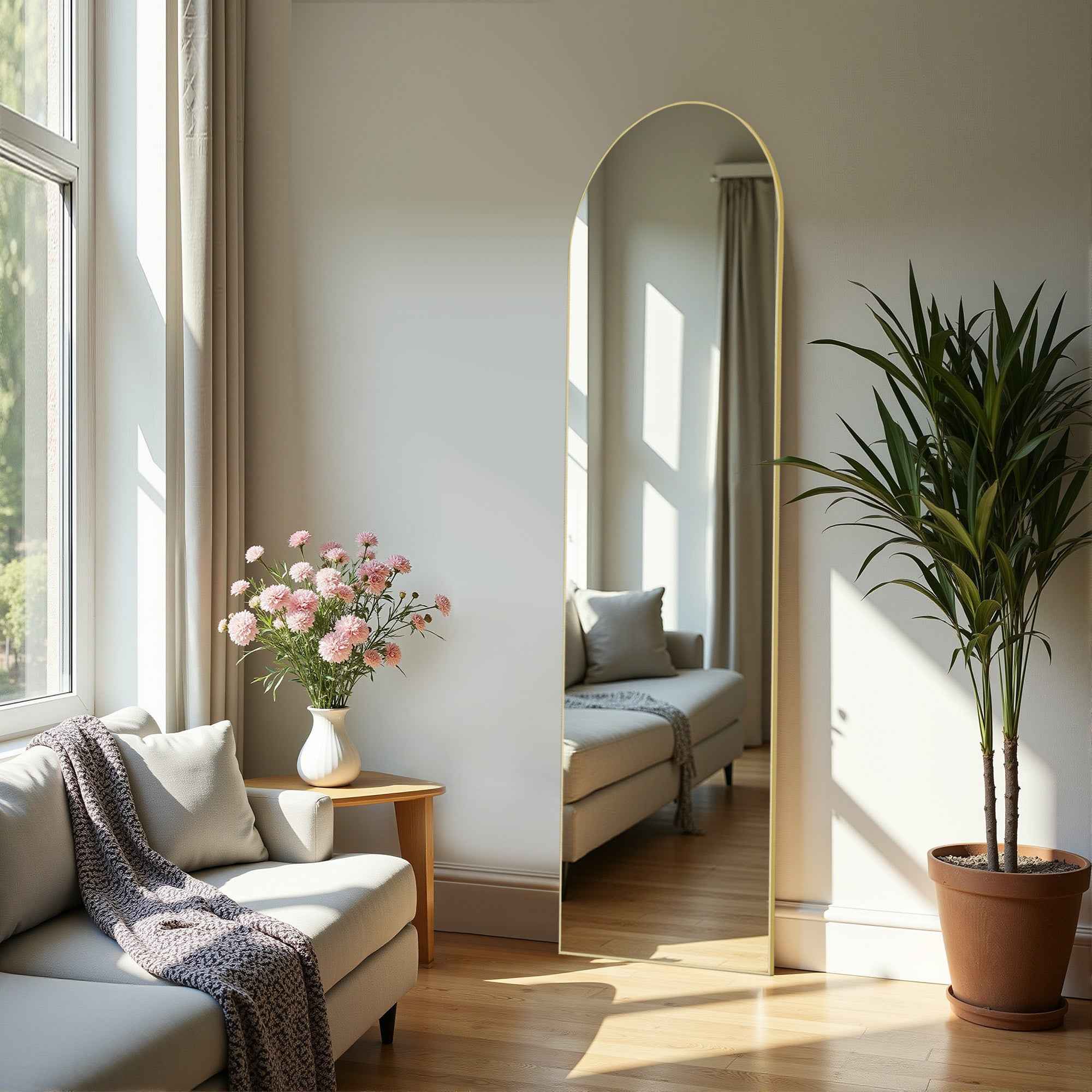 Gold Aluminum Arch Freestanding Ornate Framed Accent Mirror