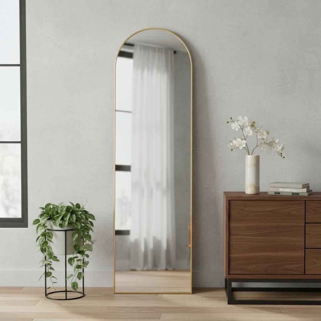 Gold Aluminum Arch Freestanding Ornate Framed Accent Mirror