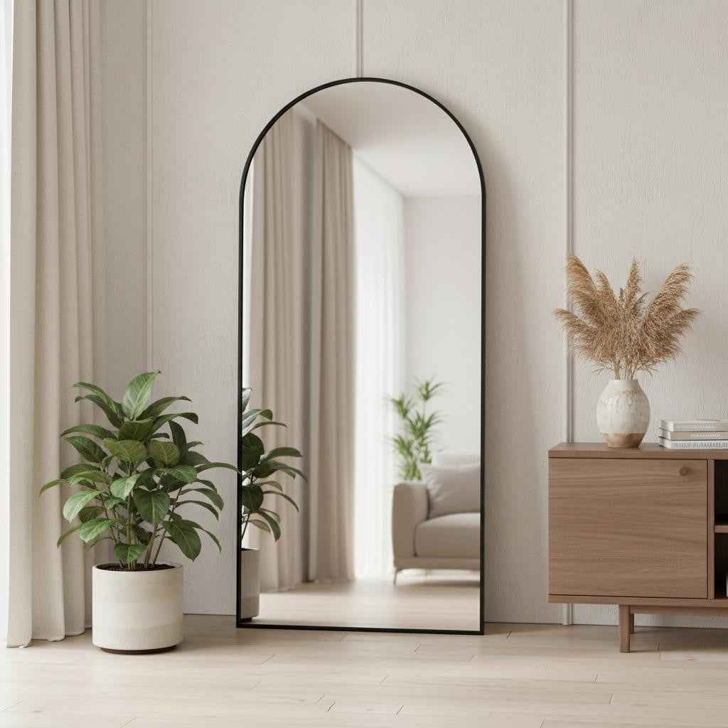 Black Aluminum Arch Freestanding Ornate Framed Accent Mirror