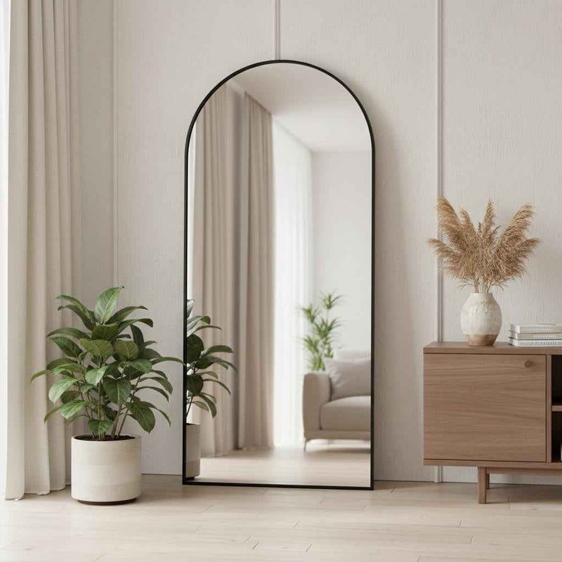 Black Aluminum Arch Freestanding Ornate Framed Accent Mirror