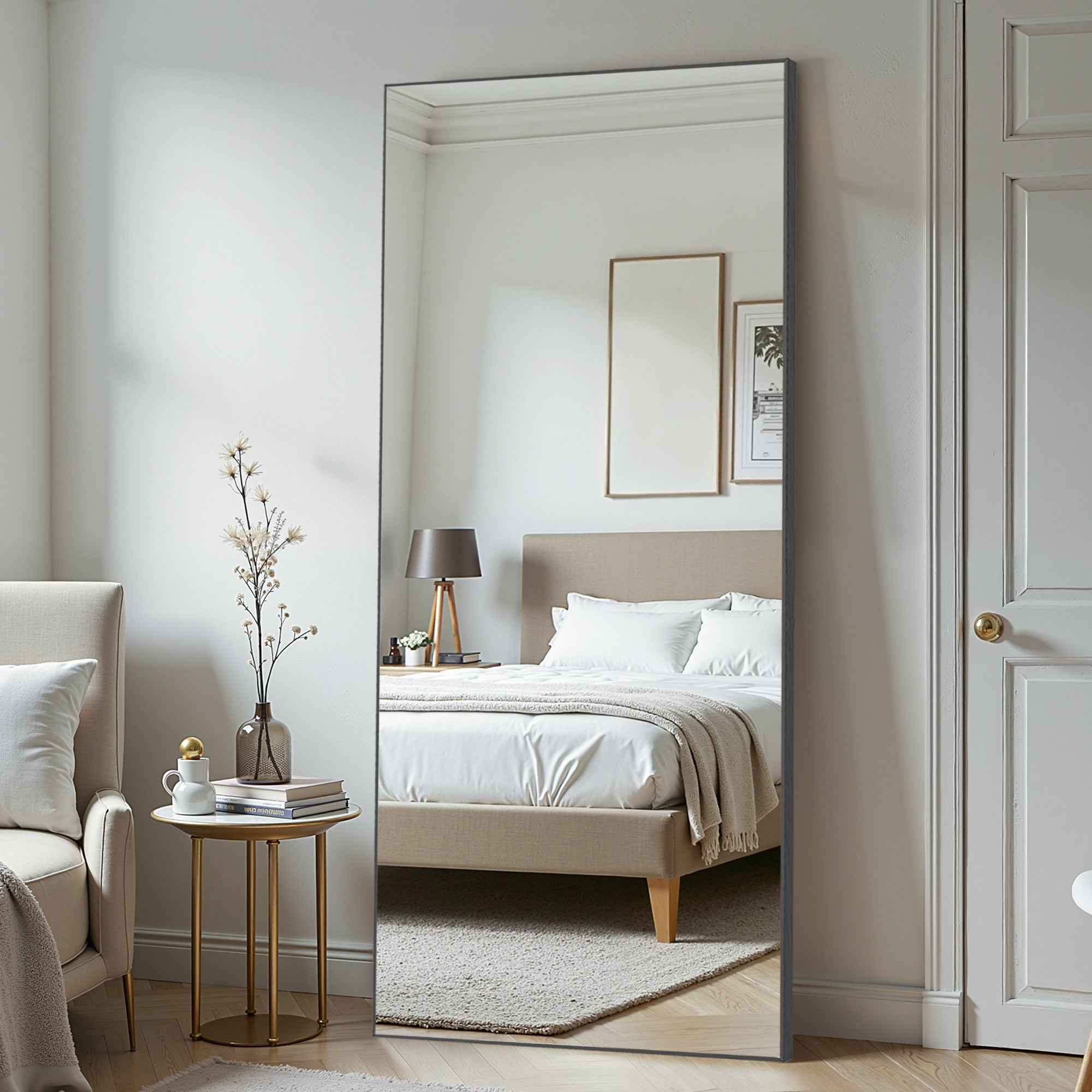 Black Aluminum Freestanding Ornate Framed Accent Mirror