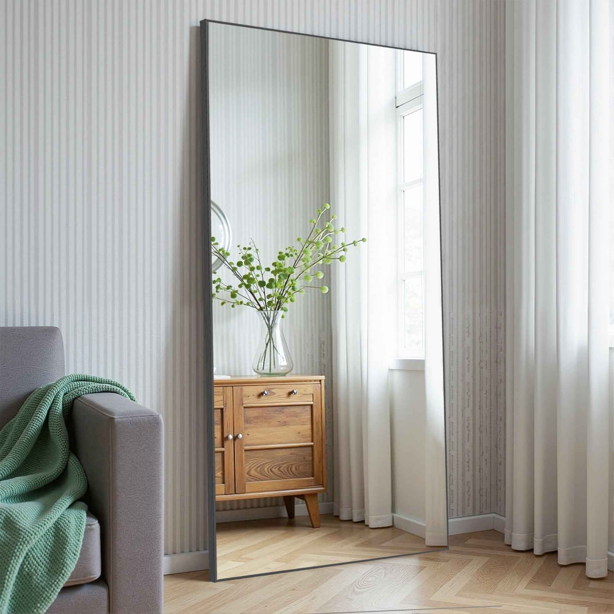 Black Aluminum Freestanding Ornate Framed Accent Mirror