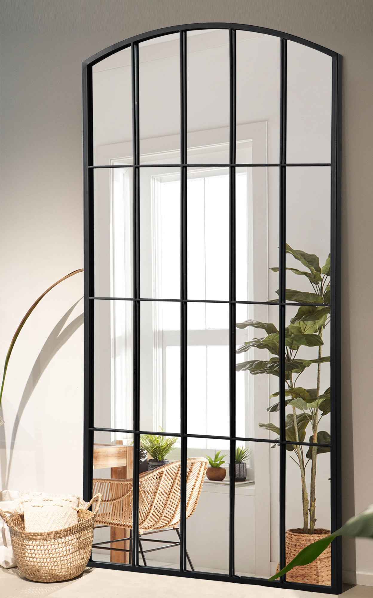 Black Aluminum Arch Freestanding Ornate Framed Accent Mirror