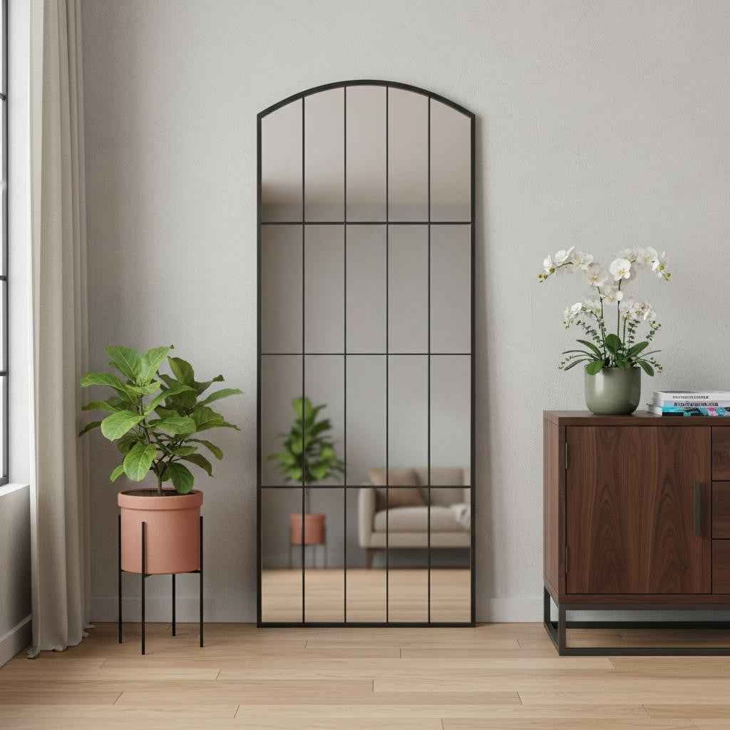 Black Aluminum Arch Freestanding Ornate Framed Accent Mirror