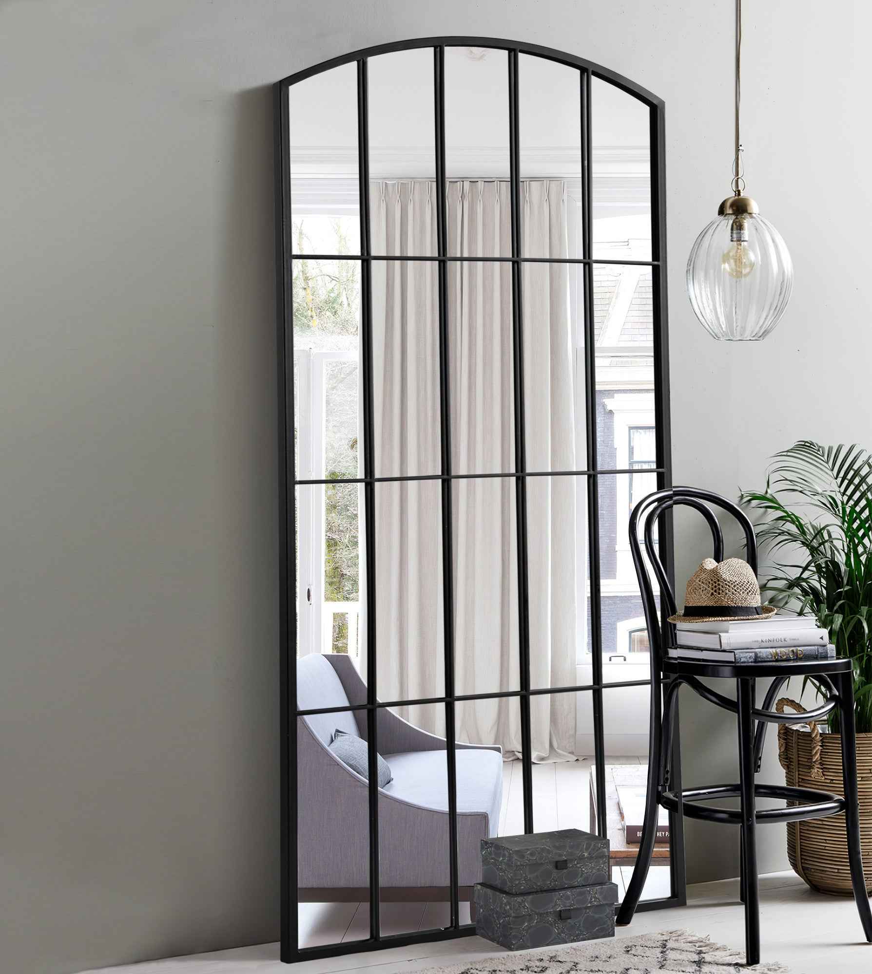 Black Aluminum Arch Freestanding Ornate Framed Accent Mirror