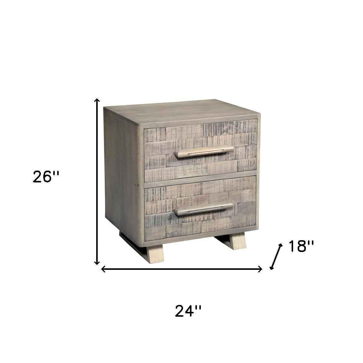 26" Gray Solid Wood Carved Geometric Two Drawer Nightstand