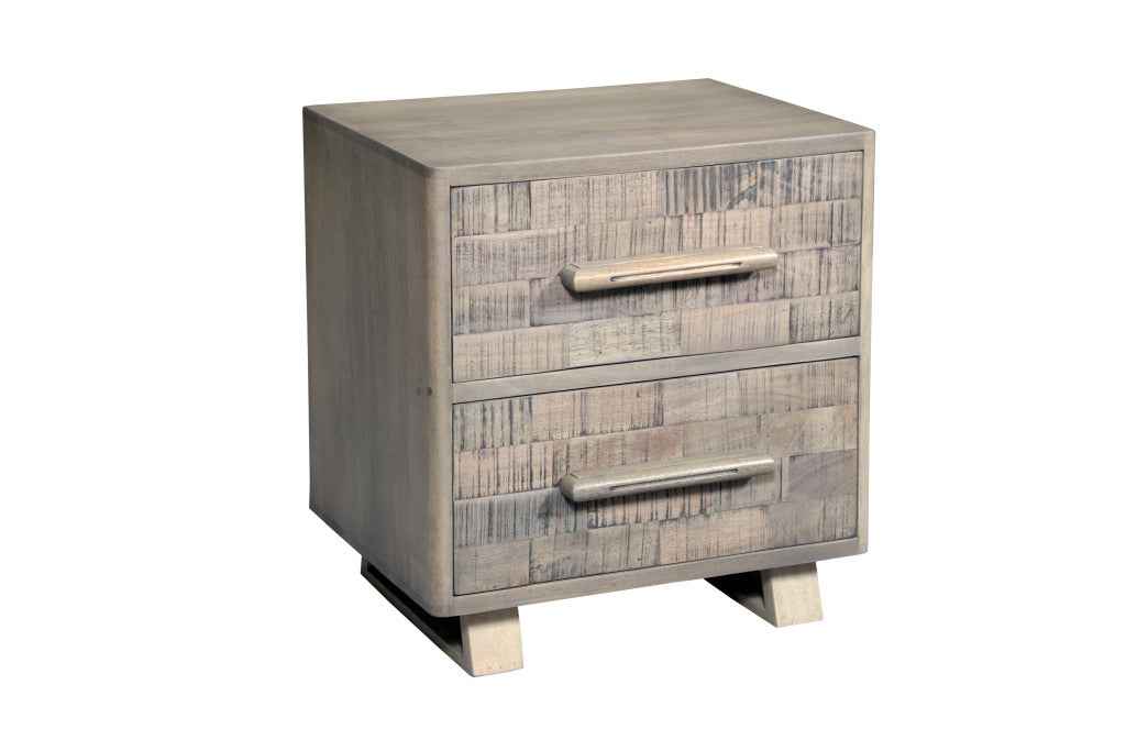 26" Gray Solid Wood Carved Geometric Two Drawer Nightstand