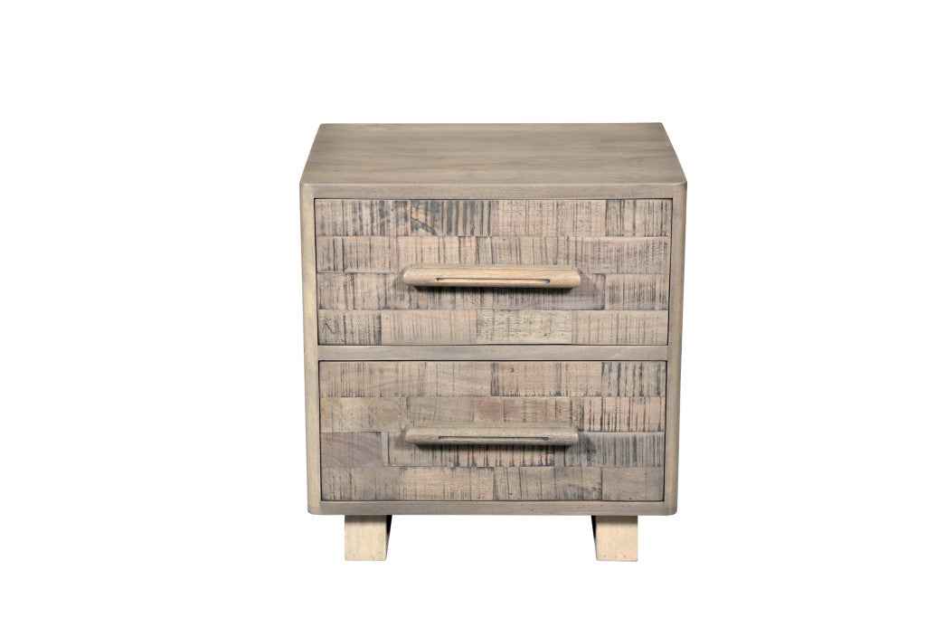 26" Gray Solid Wood Carved Geometric Two Drawer Nightstand