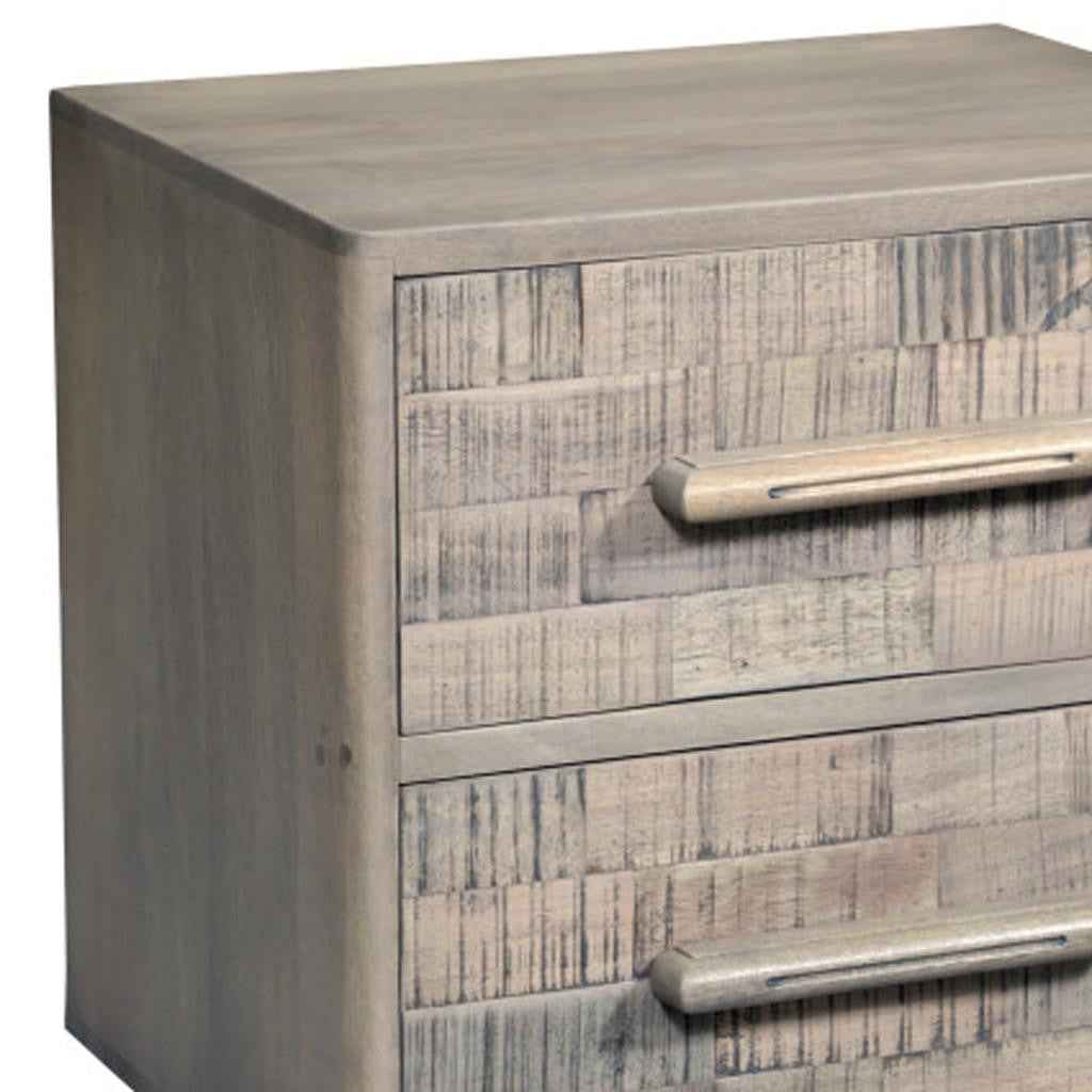26" Gray Solid Wood Carved Geometric Two Drawer Nightstand