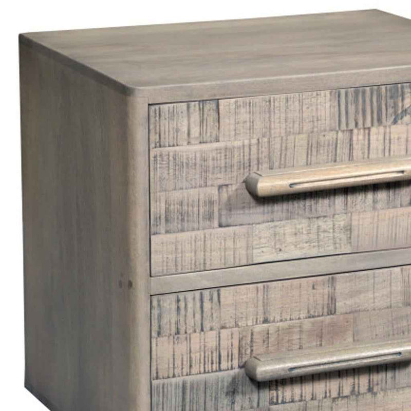 26" Gray Solid Wood Carved Geometric Two Drawer Nightstand