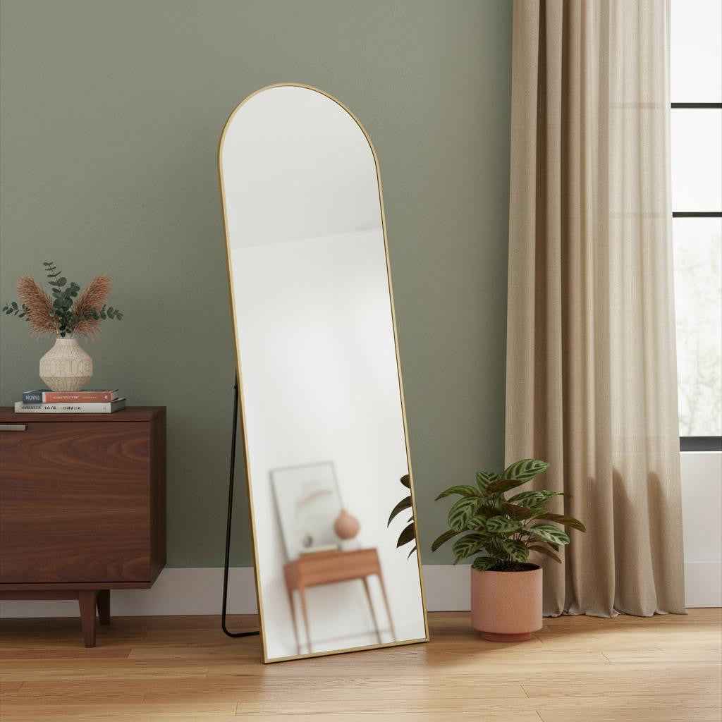 Gold Aluminum Arch Freestanding Ornate Framed Accent Mirror