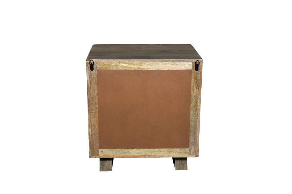 26" Brown Solid Wood Carved Geometric Two Drawer Nightstand