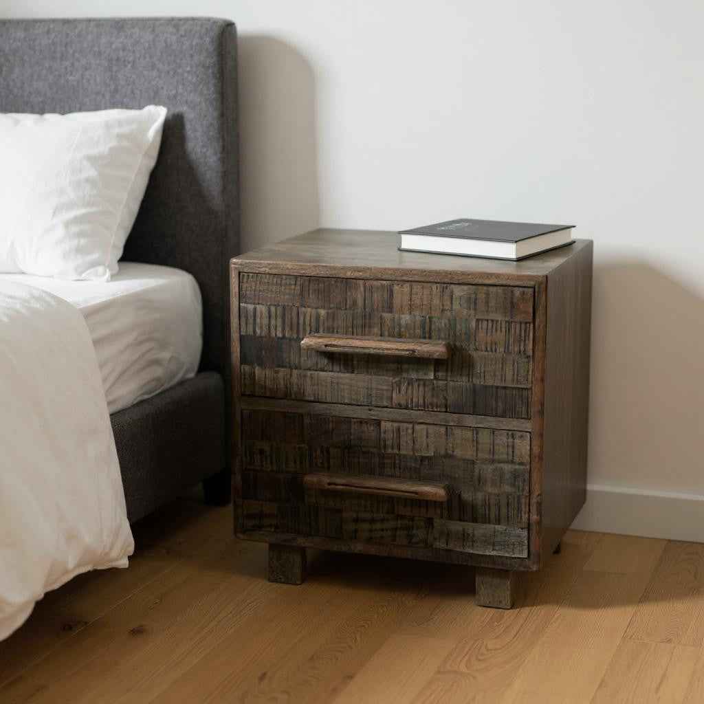 26" Brown Solid Wood Carved Geometric Two Drawer Nightstand